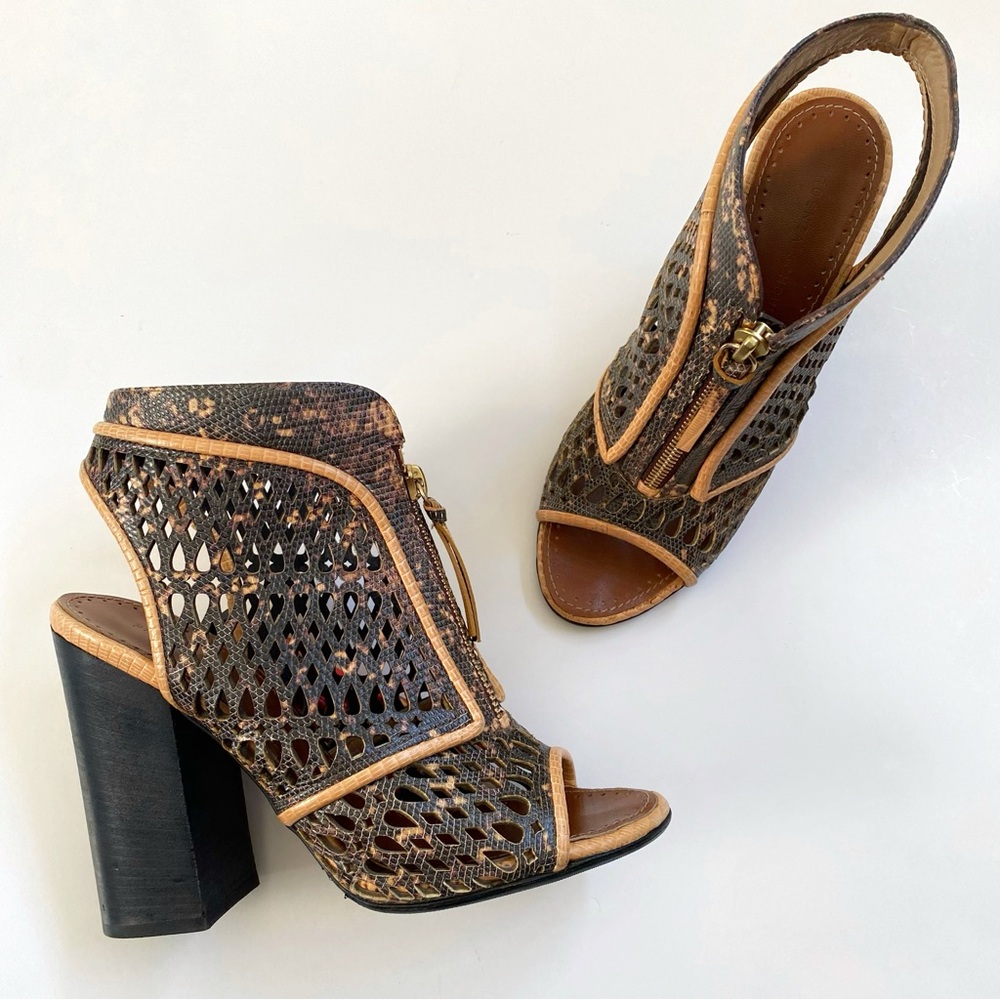 PROENZA SCHOULER black brown cut out leather peep toe zip up chunky heel bootie